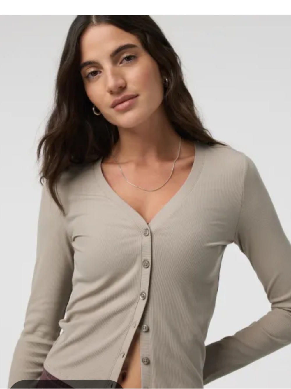Vuori pose Ribbed V‑Neck Button Cardigan in Taupe